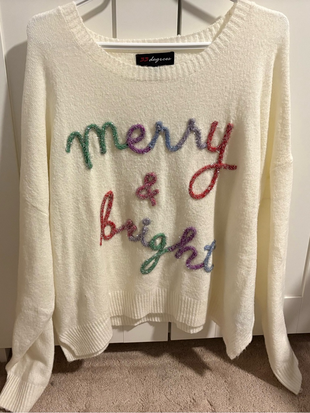 32 Degrees Cream Sweater with Multicolor Sparkle 'Merry & Bright' Script